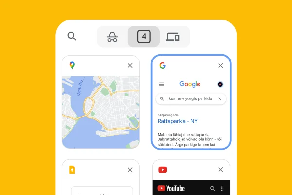 Mobiilibrauser laadib arvutibrauserist pärinevad vahelehed, sealhulgas Google Maps ja New Yorgi parkimisteave.