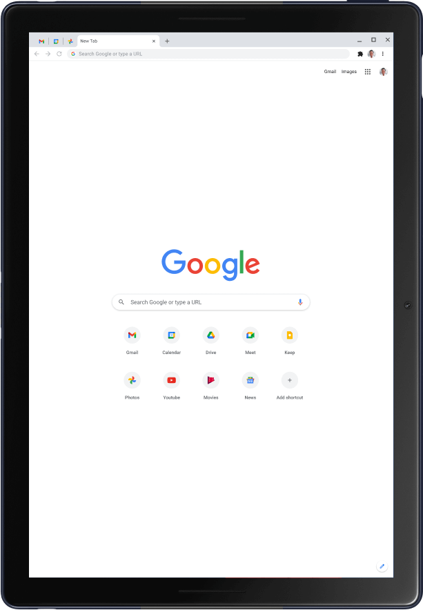 Vertikaalrežiimis tahvelarvuti Pixel Slate, mille ekraanil on Google’i avaleht.