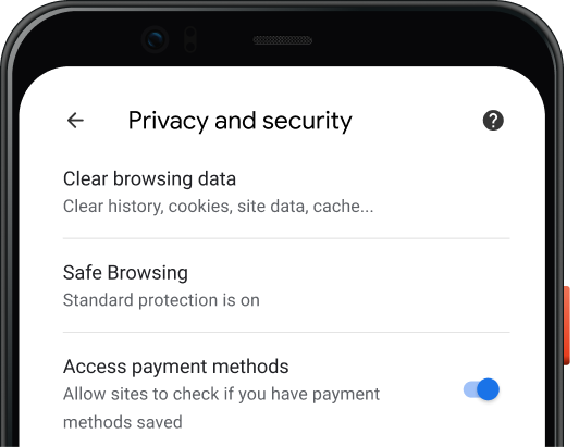 Chrome'i brauseri privaatsus- ja turvaseadete leht mobiilseadmes.