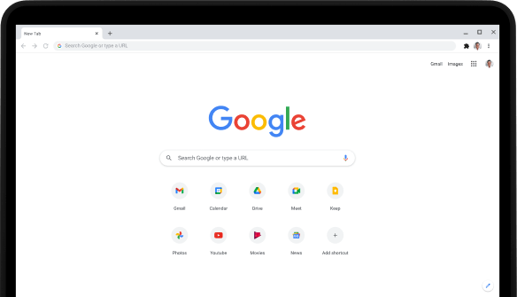 Sülearvuti Pixelbook Go vasak ülanurk, sülearvuti ekraanil on saidi Google.com otsinguriba ja lemmikrakendused.