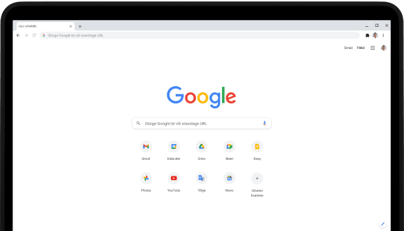 Sülearvuti Pixelbook Go vasak ülanurk, sülearvuti ekraanil on saidi Google.com otsinguriba ja lemmikrakendused.
