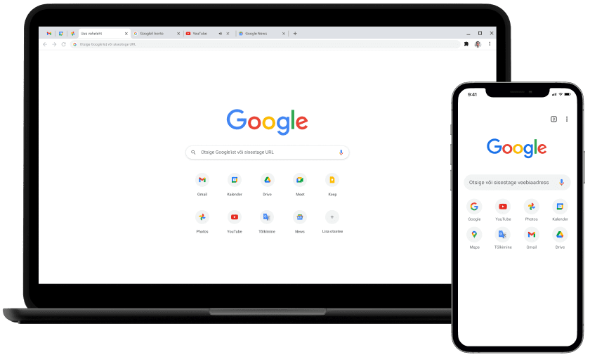 Sülearvuti ja mobiilseade, mille ekraanidel on saidi Google.com avaleht.