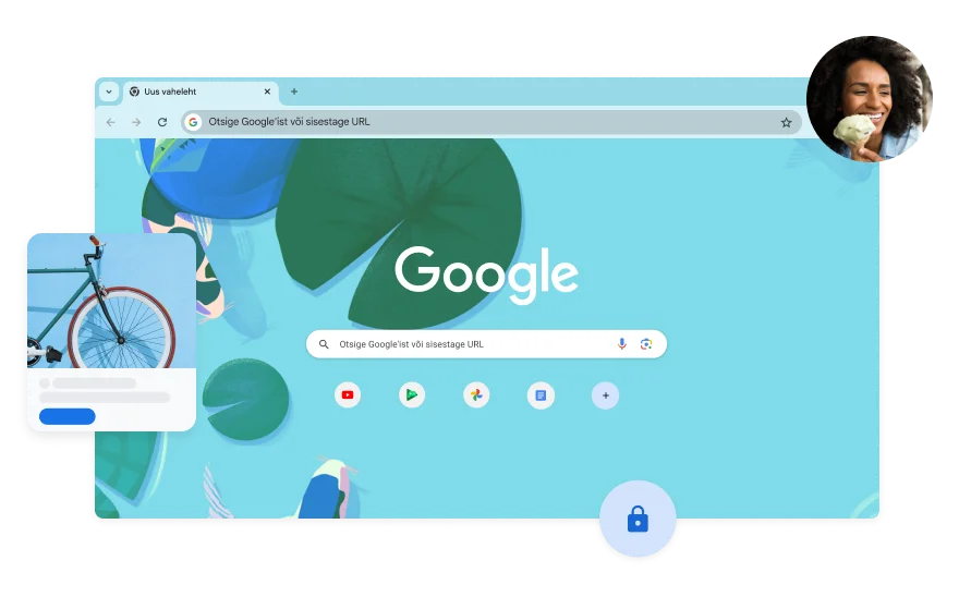 Google’i otsingulehe taustal kuvatakse sinine illustratsioon, mis kujutab koitiigis olevat kala. Nurgas on naise foto.