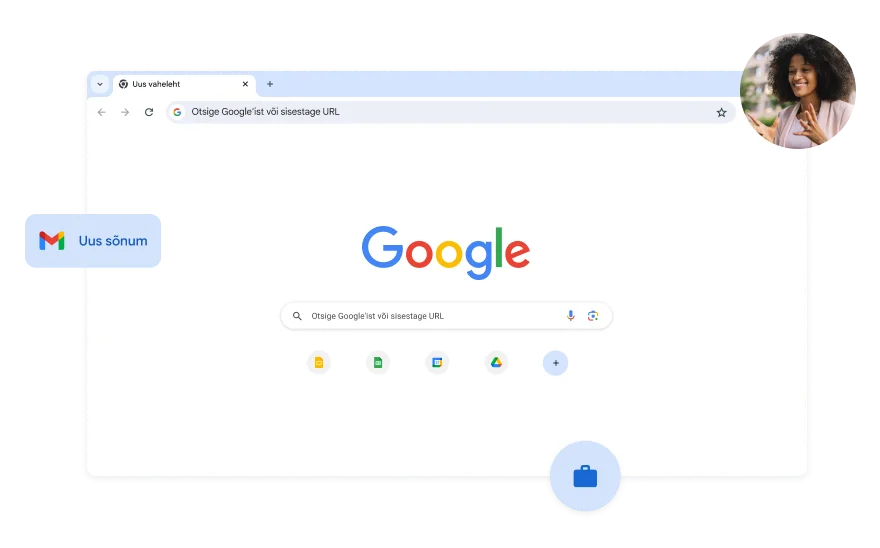 Google’i otsingulehe taust on valge. Nurgas on naise foto.