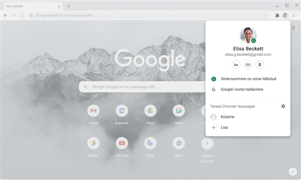 Chrome’i brauseriaken, kus on kuvatud konto- ja sünkroonimisseaded Google’i kontode jaoks, millel on sünkroonimine lubatud.