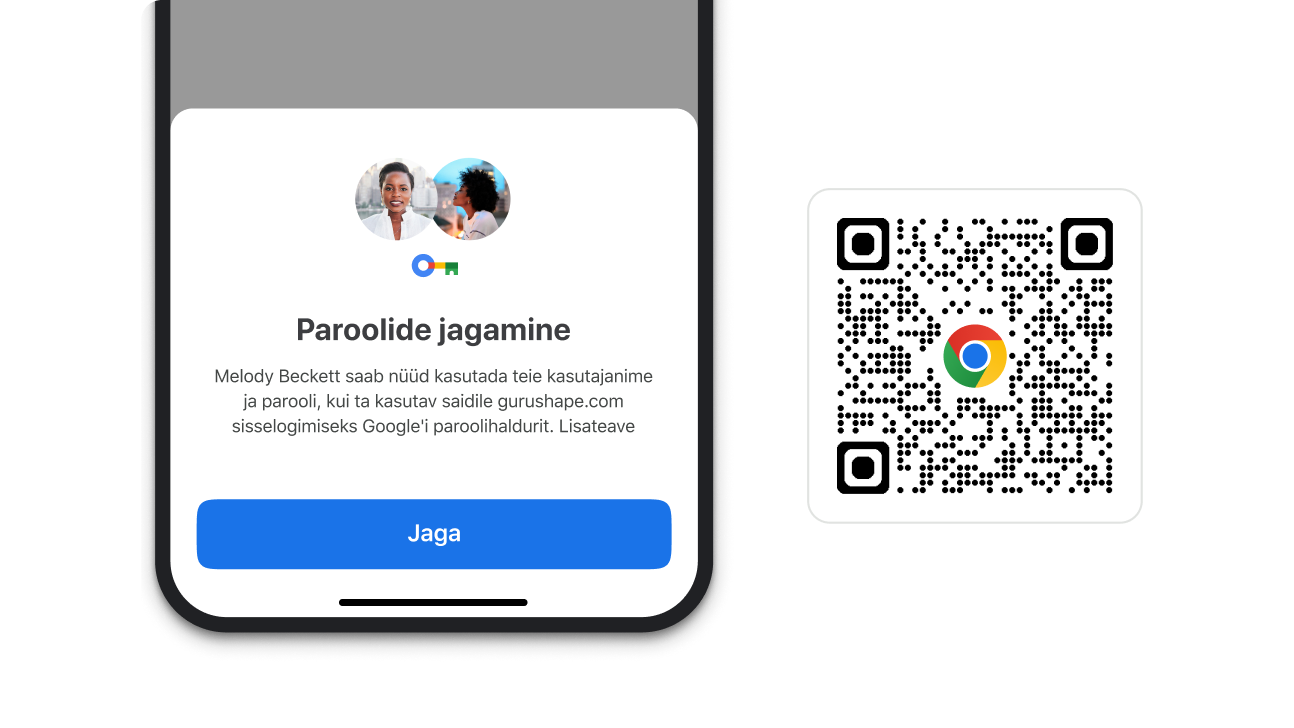 Chrome’i moodul, mis võimaldab teil paroole jagada. Mooduli kõrval on QR-kood, mida saab kasutada Chrome’i allalaadimiseks.