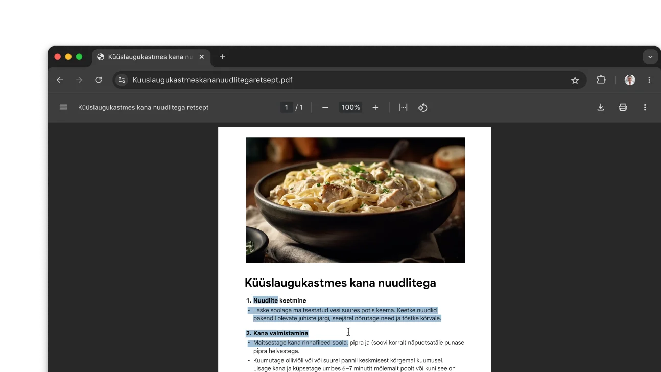 Chrome'i brauseri aknas on avatud PDF-dokument retseptiga. Kasutaja on PDF-is teksti valinud.