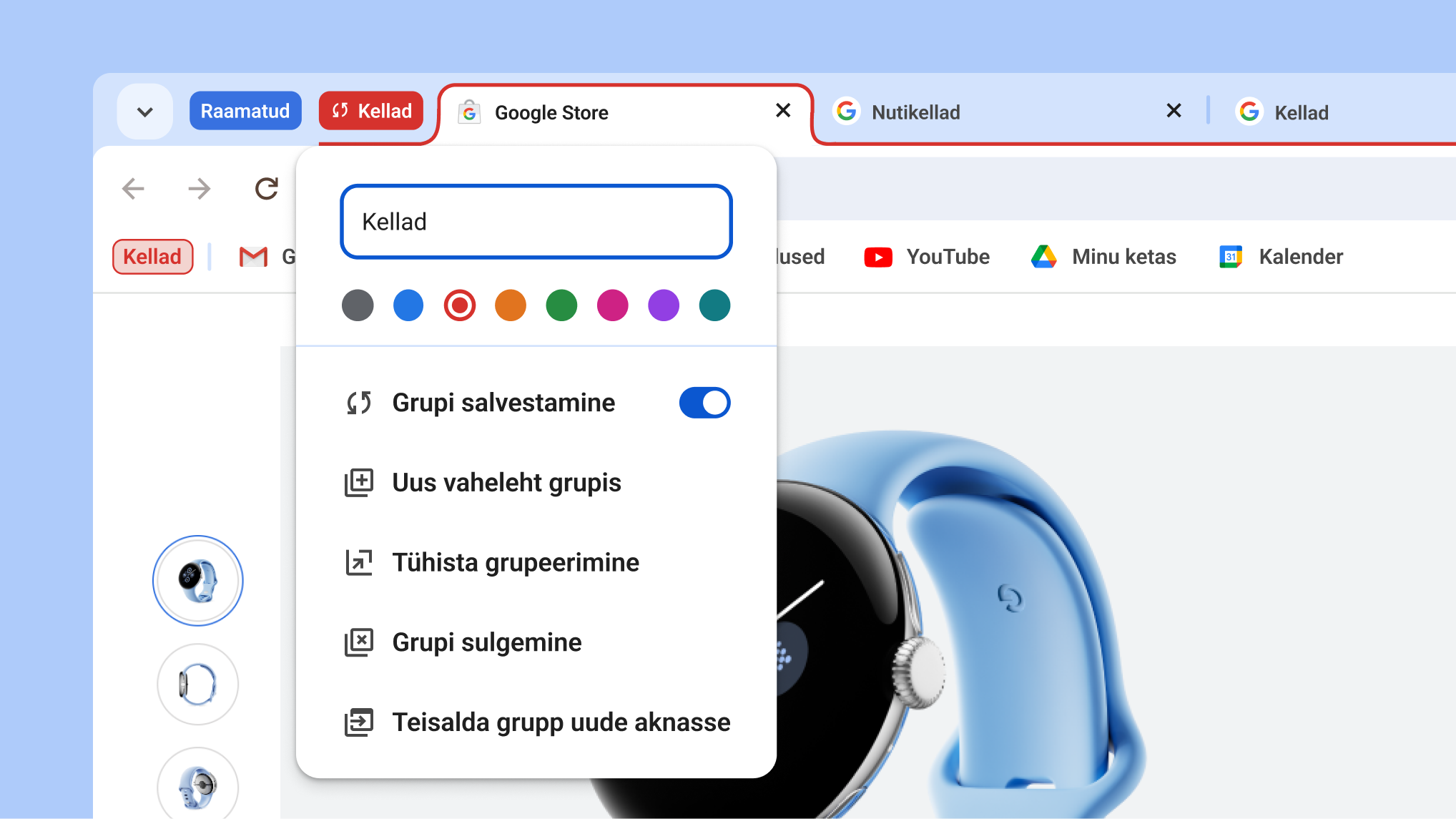 Vahelehegrupi avatud menüü, mis näitab uusi grupi salvestamise ja peitmise valikuid