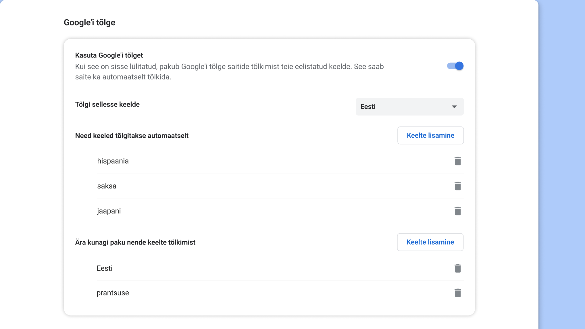 Google’i tõlke seadete leht Chrome’is