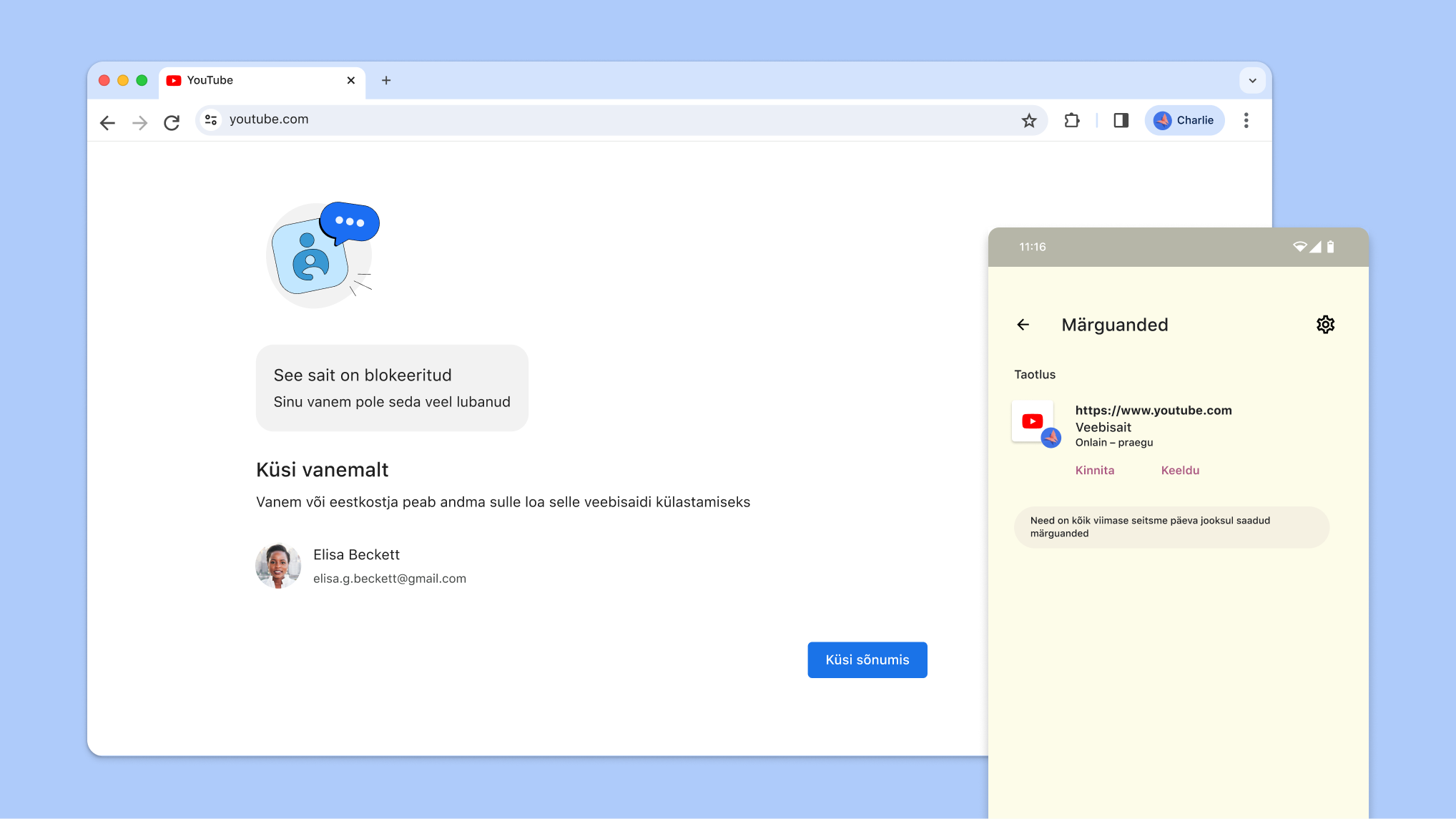 Vanemliku järelevalve funktsiooniga blokeeritud veebisait, millel on juurdepääsu heakskiitmiseks kuvatud Family Linki märguanne