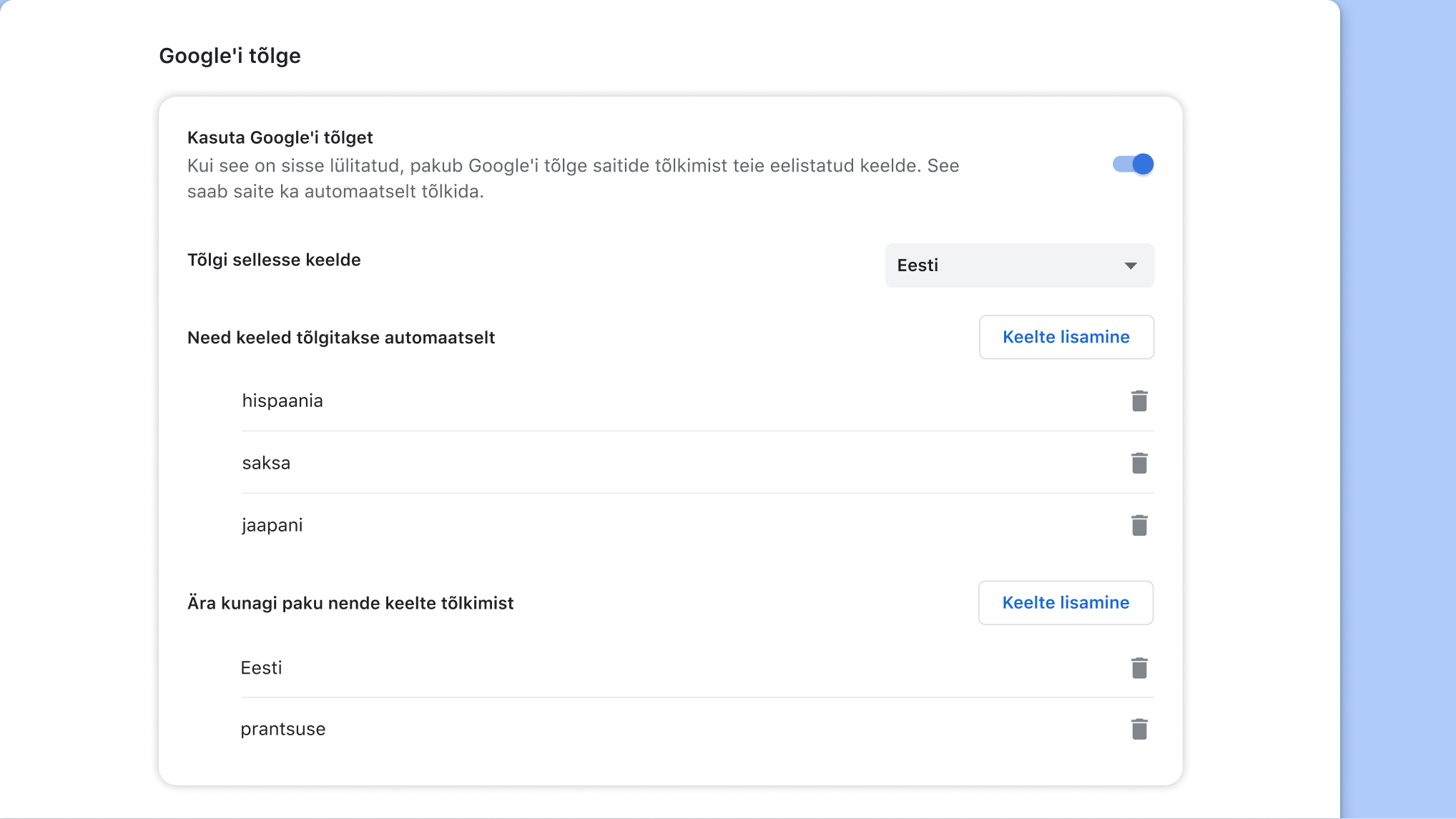 Google’i tõlke seadete leht Chrome’is