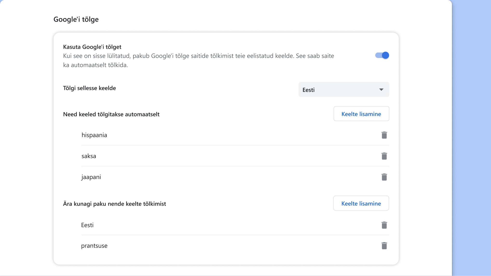 Google’i tõlke seadete leht Chrome’is