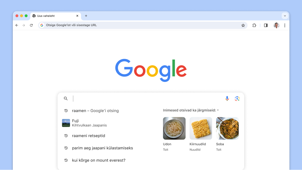 Otsingukastis kuvatakse kursor koos automaatselt laaditud varasemate otsingute ja seotud teemadega.