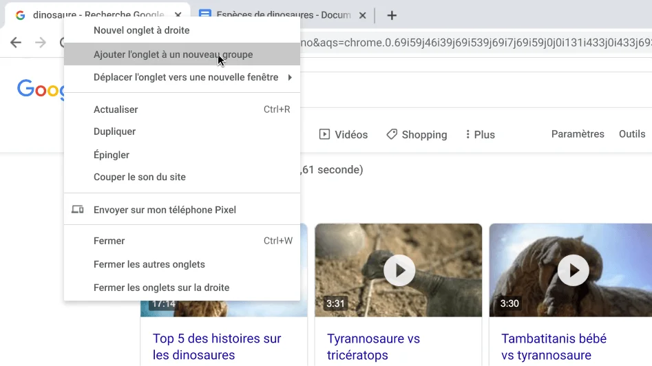 Fenêtre du navigateur Chrome avec une boîte de dialogue montrant la création d'un groupe d'onglets
