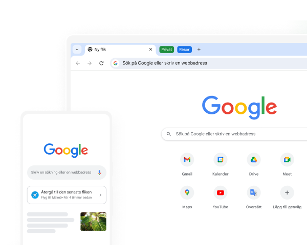 En mobil enhet och en dator visar båda Googles startsida i Chrome.