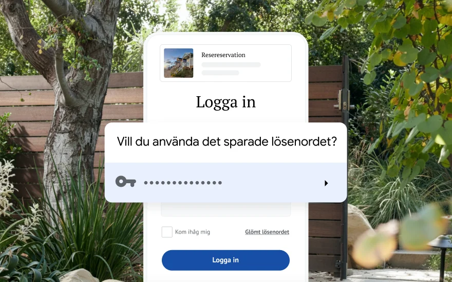 En inloggningssida för en resebokning som ber att få använda ett sparat lösenord. I bakgrunden syns natur.