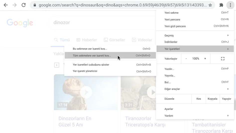 Tüm sekmelere yer işareti koy seçeneğini gösteren iletişim kutusuyla Chrome tarayıcı penceresi.