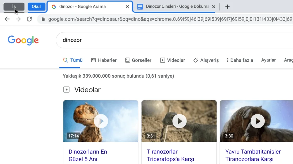 Chrome tarayıcı penceresinde, sekme grubunun daraltılması gösteriliyor.