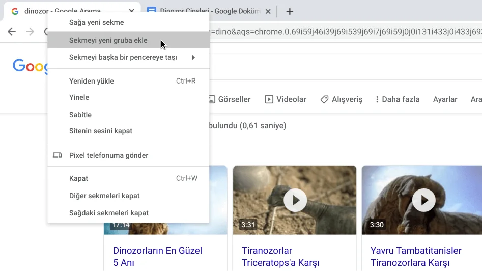 Yeni bir sekme grubunun oluşturulmasını gösteren iletişim kutusuyla Chrome tarayıcı penceresi