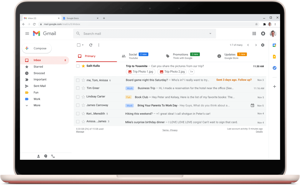 Gmaili liides meilide loendiga.