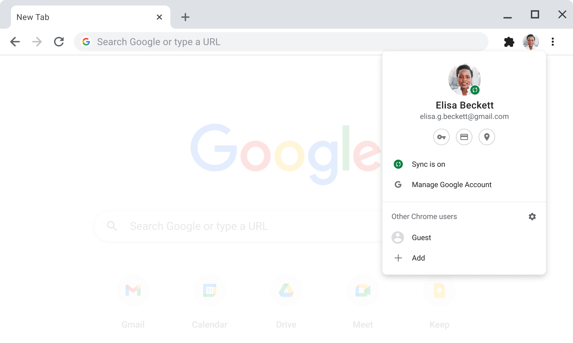 Chrome’i brauseriaken, kus on kuvatud konto- ja sünkroonimisseaded Google’i kontode jaoks, millel on sünkroonimine lubatud.